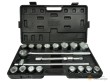 Estuche con carraca reversible 3/4" 24d. + 2 alargaderas (100 mm. + 200 mm.) + mango corredizo 450 mm. + 16 vasos cortos 3/4" hex.(19 - 50 mm)