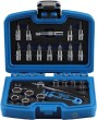 Estuche 24 pcs. 1/4" con carraca reversible 72 d. *extra-slim* + 10 vasos extracortos ( 5-13 mm.) + 10 vasos con punta tx-allen-ph-pl