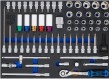 Bandeja 3/3 de polifoam con 64 vasos cortos y largos de aluminio 1/2" + vasos con punta torx -xzn - allen y allen con bola(dotación carro)