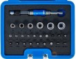Estuche con portapuntas 1/4" articulado (2 en 1) + 5 vasos cortos 1/4" *gear-lock* + 19 puntas 1/4" (allen / pozidrive/ torx/ plano)