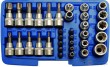 Estuche 34 pcs 3/8" de vasos torx tipo "e" (e4-e20)+ vasos cortos con punta torx (t10-t60) + puntas 5/16" torx -h (t10h-t55h) + adaptador 3/8" a 5/16"