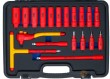 Estuche de maneral en *t* 3/8" aislado vde 1.000 v. + 11 vasos largos 3/8" aislados vde 1.000 v. hex (7 - 22 mm.) + 2 alargadores 3/8" (125+250 mm.) + carraca reversible vde + mango en t 3/8".