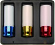 Estuche 3 vasos de impacto 1/2" de aluminio, 17 - 19 - 21 mm. con protector de plástico