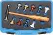 Estuche de martillo de chapista + 10 cabezas intercambiables ø 28 mm (para plástico - blanco / aluminio - naranja / cobre - granate / otro metal - azul / acero inoxidable / azul ) largo 235 mm