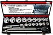 Estuche metalico 20 pc, 3/4" (vasos hex. cortos 19 -50 mm + 2 alargaderas 100-200 mm + mango corredizo 450 mm + carraca 495 mm)
