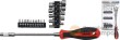 Blister mango destornillador flexible 290 mm. 1/4" + 20 puntas 1/4" 25 mm. planas (3-4-5-6 mm), phillips (0-1-2-3), torx (10-15-20-25-27-30-40), allen (2-2,5-3-4-5 mm) y 10 puntas 1/4" con vaso hex.
