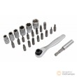 Estuche microcarraca 1/4" rev.+ portapuntas 1/4" + 1 portavasos 1/4" + 6 vasos cortos 1/4" hex.(6-7-8-10-11-13 mm.) + 15 bits 1/4" (sl3-sl4-sl5-sl6-ph1-ph2-ph3-pz1-pz2-pz3-t10-t15-t20-t25-t30)