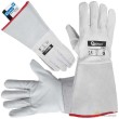 Paquete 12 guantes de soldador forrados en cuero de cabra con ribete rojo. conforme en 388