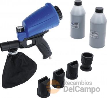 Pistola arenadora neumática, 0,9 ml + 4 boquillas + 2 botellas de abrasivo de oxido de aluminio, 1 kg. (grano 40-60)