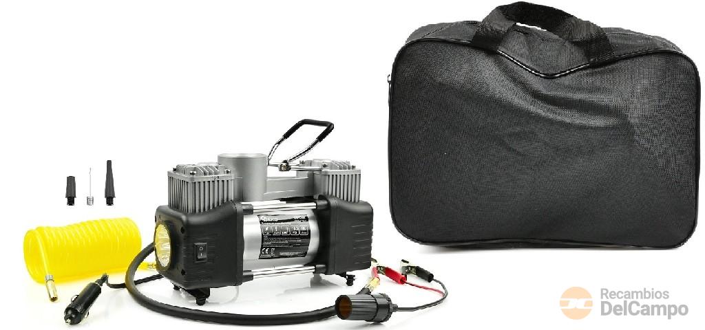 Minicompresor de aluminio 12 v. - 250 w. - 2 luz led - 150 psi/10,5 bar - 85 l/min. - con bolsa de transporte + 3 boquillas de inflado