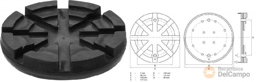 Plato de goma + placa de acero para plataformas elevadoras , ø 125 mm x 120 mm. x 24 mm.