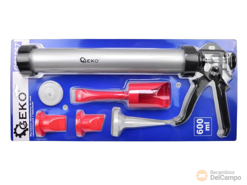 Blister pistola de aluminio cerrada para tubos con 5 boquillas variadas, 600 ml.