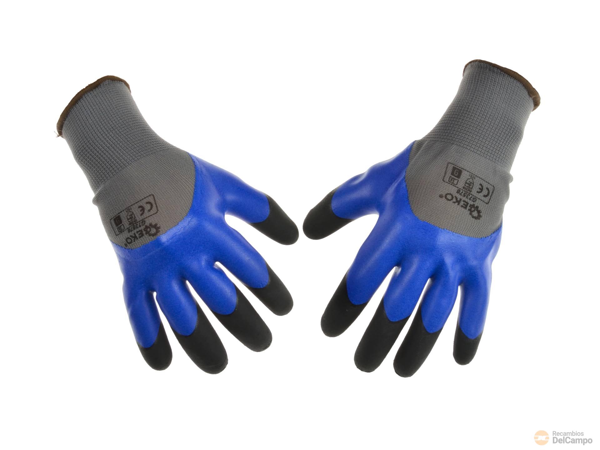 Paquete 12 pares de guantes poliester azul recubierto de latex negro, talla 10 resistentes a la abrasión y perforacion