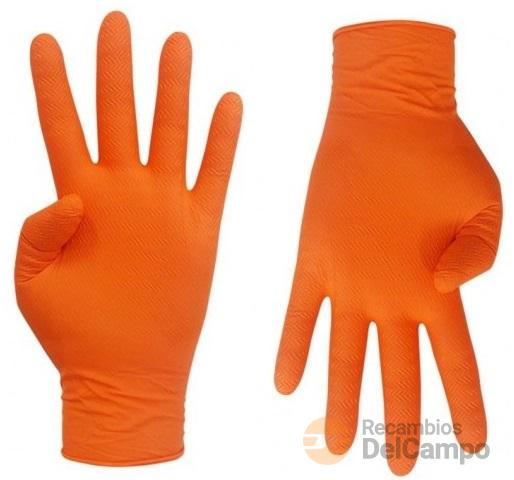 Paquete de 50 guantes de nitrilo texturizado *diamantado* naranja/negro profesional,- talla 8/m