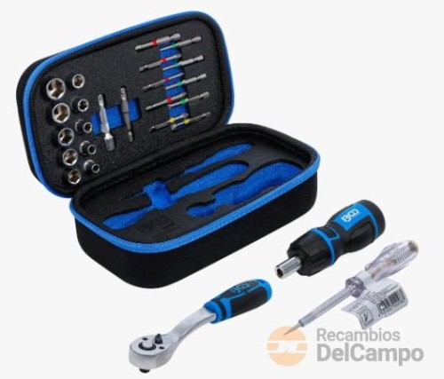 Estuche 24 pcs. 1/4" con carraca reversible 72 d. + 10 vasos cortos ( 5-13 mm.) + 10 puntas de atornillador 1/4" (ph - pz - allen - torx) + buscapolos + mango destornillador con carraca Estuche 24 pcs. 1/4" con carraca reversible 72 d. + 10 vasos cortos ( 5-13 mm.) + 10 puntas de atornillador 1/4" (ph - pz - allen - torx) + buscapolos + mango destornillador con carraca
