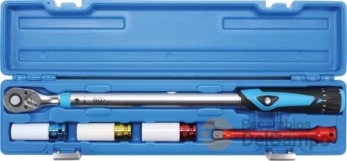 Estuche de llave dinamométrica 1/2" (40-200 nm.) + 3 vasos largos 1/2" de impacto con protector plástico 17-19-21 mm. + barra de torsión 195 mm calibrada a 120 nm. Estuche de llave dinamométrica 1/2" (40-200 nm.) + 3 vasos largos 1/2" de impacto con protector plástico 17-19-21 mm. + barra de torsión 195 mm calibrada a 120 nm.