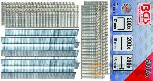 Blister surtido de 200 grapas de 17 mm, 200 clavos de 16 mm y 200 puntas sin cabeza de 16 mm para GTi103010 Blister surtido de 200 grapas de 17 mm, 200 clavos de 16 mm y 200 puntas sin cabeza de 16 mm para GTi103010