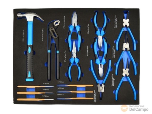 Bandeja 3/3 de polifoam con 17 pcs alicates circlips y vde + botadores (3 - 8 mm) + mordaza grip + martillo (dotacion carro) Bandeja 3/3 de polifoam con 17 pcs alicates circlips y vde + botadores (3 - 8 mm) + mordaza grip + martillo (dotacion carro)