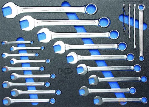 Bandeja 3/3 de polifoam con 22 llaves combinadas (8 - 32 mm) + torx tipo "e"( e6 x e8 - e20 x e24)(dotacion carro) Bandeja 3/3 de polifoam con 22 llaves combinadas (8 - 32 mm) + torx tipo "e"( e6 x e8 - e20 x e24)(dotacion carro)