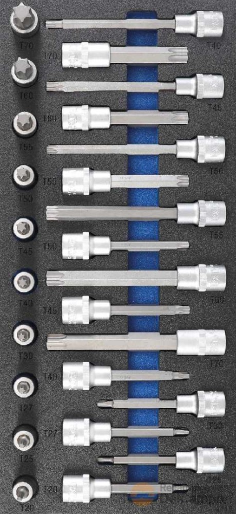 Bandeja 1/3 de polifoam con 26 vasos cortos 1/2" con punta torx (t20-t25-t27-t30-t40-t45-t50-t55-t60-t70x55 mm + t20-t25-t27-t30-t40-t45-t50-t55-t60-t70x100 mm + t40-t45-t50-t55-t60x140 mm.) Bandeja 1/3 de polifoam con 26 vasos cortos 1/2" con punta torx (t20-t25-t27-t30-t40-t45-t50-t55-t60-t70x55 mm + t20-t25-t27-t30-t40-t45-t50-t55-t60-t70x100 mm + t40-t45-t50-t55-t60x140 mm.)