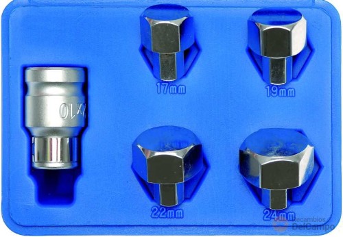 Estuche 4 puntas allen (17 - 19 - 22 - 24 mm) + adaptador 1/2", para eje flotante de motos Estuche 4 puntas allen (17 - 19 - 22 - 24 mm) + adaptador 1/2", para eje flotante de motos
