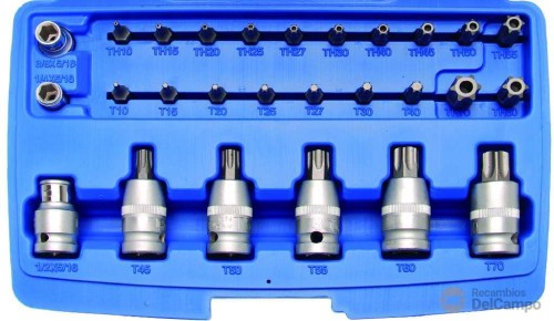 Estuche 27 pcs. vasos cortos 1/2" con punta torx (t45 - t70) + puntas torx y torx-h + adaptadores 1/4" -3/8" - 1/2" Estuche 27 pcs. vasos cortos 1/2" con punta torx (t45 - t70) + puntas torx y torx-h + adaptadores 1/4" -3/8" - 1/2"