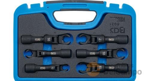 Estuche 6 vasos 1/2" con llave articulada eje corto de boca hex. abierta (tipo crowfoot), 12-14-16-17-18-19 mm Estuche 6 vasos 1/2" con llave articulada eje corto de boca hex. abierta (tipo crowfoot), 12-14-16-17-18-19 mm