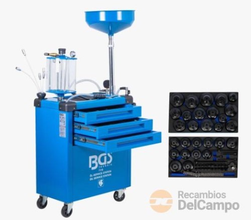 Estación de servicio de aceite con juego de 30 llaves y cazoletas para filtros de aceite y 25 llaves de tapones de carter 70 l Estación de servicio de aceite con juego de 30 llaves y cazoletas para filtros de aceite y 25 llaves de tapones de carter 70 l