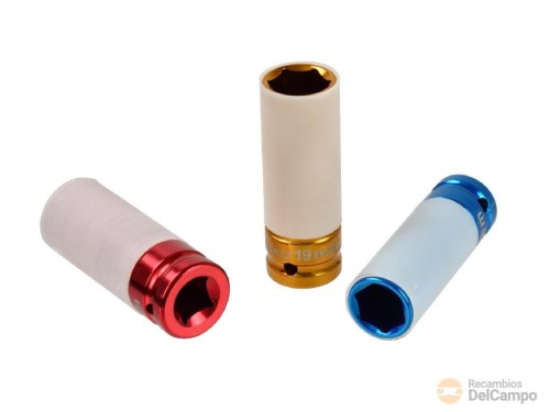 Estuche 3 vasos de impacto 1/2" de aluminio, 17 - 19 - 21 x 78 mm. con protector de plástico Estuche 3 vasos de impacto 1/2" de aluminio, 17 - 19 - 21 x 78 mm. con protector de plástico