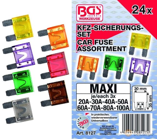 Estuche 24 fusibles maxi de automoción ( 3 uds x 20 a - 30 a - 40 a - 50 a - 60 a - 70 a - 80 a - 100 a) Estuche 24 fusibles maxi de automoción ( 3 uds x 20 a - 30 a - 40 a - 50 a - 60 a - 70 a - 80 a - 100 a)