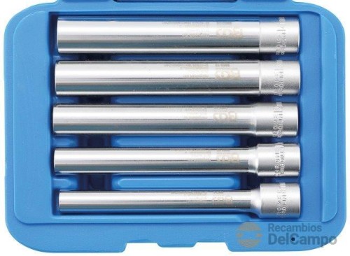 Estuche de 5 vasos extralargos 3/8" hex. (8-14 mm. x 120 mm.) para sustitución de parachoques - luces traseras - bisagras de puertas y cable de freno de mano de coche del grupo vag - opel - ford y bmw Estuche de 5 vasos extralargos 3/8" hex. (8-14 mm. x 120 mm.) para sustitución de parachoques - luces traseras - bisagras de puertas y cable de freno de mano de coche del grupo vag - opel - ford y bmw