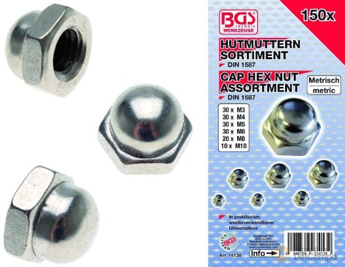 Estuche 150 tuercas acero niquelado hex. tipo tapón surtidas (ø m3-m4-m5-m6-m8-m10) din 1587 Estuche 150 tuercas acero niquelado hex. tipo tapón surtidas (ø m3-m4-m5-m6-m8-m10) din 1587
