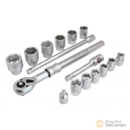 Estuche de carraca 3/4" extensible (510-760 mm.) + 2 alargaderas de 200 y 400 mm. + cabeza mango corredizo 3/4" + 12 vasos cortos 3/4" hex. ( 19-21-22-24-27-30-32-36-28-41-46-50 mm.) Estuche de carraca 3/4" extensible (510-760 mm.) + 2 alargaderas de 200 y 400 mm. + cabeza mango corredizo 3/4" + 12 vasos cortos 3/4" hex. ( 19-21-22-24-27-30-32-36-28-41-46-50 mm.)