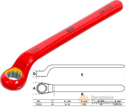 Llave estrella acodada de una boca bihex. con aislamiento vde hasta 1.000 v. según en 60900/iec 60900, 19 mm. Llave estrella acodada de una boca bihex. con aislamiento vde hasta 1.000 v. según en 60900/iec 60900, 19 mm.