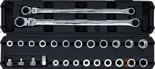 Estuche 2 llaves de estrella doble extralarga plana bihex., artic 180º y combinada (14 - 19 mm) + 4 adaptadores + 12 vasos insertables hex. (8 - 22 mm.) + 9 vasos insertables e-torx (e8 - e22) Estuche 2 llaves de estrella doble extralarga plana bihex., artic 180º y combinada (14 - 19 mm) + 4 adaptadores + 12 vasos insertables hex. (8 - 22 mm.) + 9 vasos insertables e-torx (e8 - e22)