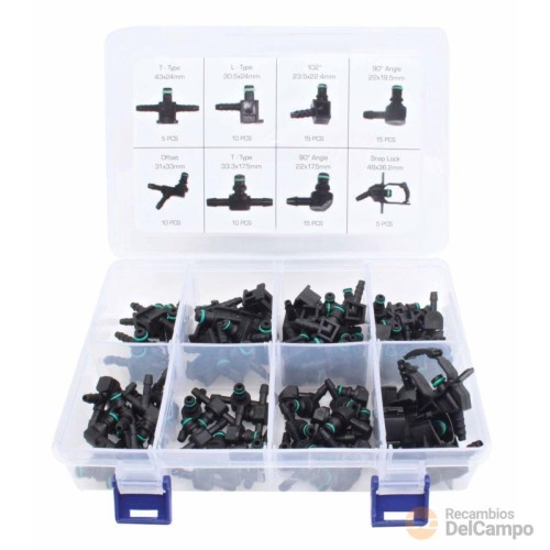 Estuche surtido de 85 conectores de plástico para conexión de lineas de retorno de diesel para inyectores bosch & delphi Estuche surtido de 85 conectores de plástico para conexión de lineas de retorno de diesel para inyectores bosch & delphi