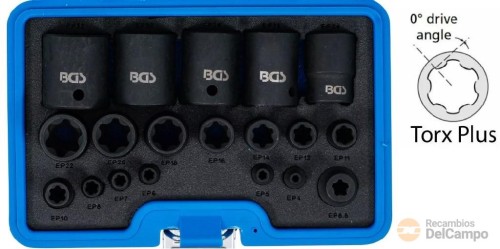 Estuche 19 vasos cortos de impacto perfil en torx *tipo e plus* 1/4" + 3/8" + 1/2" (ep4 - e32)