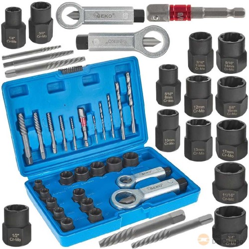 Estuche 13 vasos hex. en espiral para tornillos rotos + 5 brocas helicoidales acero hss + 5 extractores de tornillos a izq. + 2 rompetuercas + adaptador de taladro Estuche 13 vasos hex. en espiral para tornillos rotos + 5 brocas helicoidales acero hss + 5 extractores de tornillos a izq. + 2 rompetuercas + adaptador de taladro
