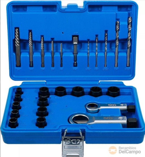 Estuche 13 vasos hex. en espiral para tornillos rotos + 5 brocas helicoidales acero hss + 5 extractores de tornillos a izq. + 2 rompetuercas + adaptador de taladro Estuche 13 vasos hex. en espiral para tornillos rotos + 5 brocas helicoidales acero hss + 5 extractores de tornillos a izq. + 2 rompetuercas + adaptador de taladro
