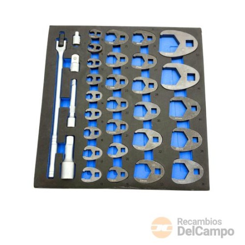 Estuche 27 llaves de boca abierta hex.*crowfoot* 3/8" (8-19 mm.) + 1/2" (21-46 mm.) + 3/4" (46 - 50 mm.) + mango de fuerza giratorio 1/2" + 2 alargaderas (1/2"x125 mm.+ 3/4"x100 mm.) + 2 adaptadores Estuche 27 llaves de boca abierta hex.*crowfoot* 3/8" (8-19 mm.) + 1/2" (21-46 mm.) + 3/4" (46 - 50 mm.) + mango de fuerza giratorio 1/2" + 2 alargaderas (1/2"x125 mm.+ 3/4"x100 mm.) + 2 adaptadores