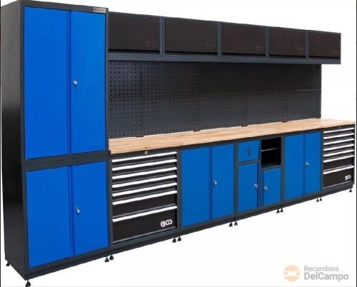 Sistema modular de armarios y paneles murales con mesa de trabajo para taller e industria de 4 modulos Sistema modular de armarios y paneles murales con mesa de trabajo para taller e industria de 4 modulos