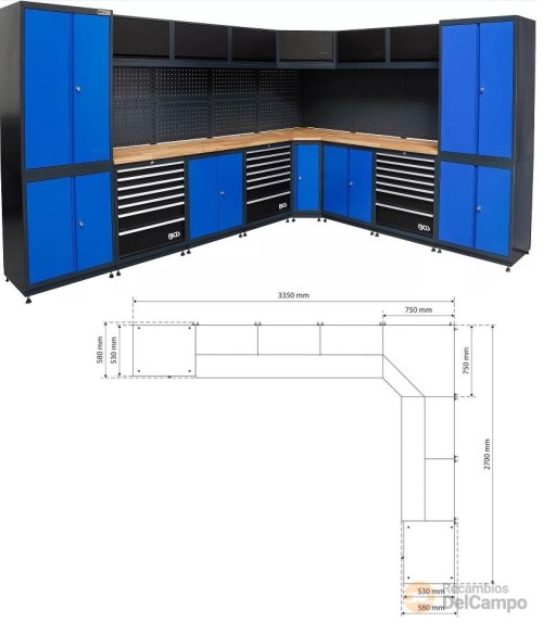 Sistema modular de armarios y paneles murales con mesa de trabajo para taller e industria con 8 modulos Sistema modular de armarios y paneles murales con mesa de trabajo para taller e industria con 8 modulos