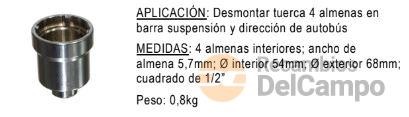 Vaso 1/2" de 4 almenas int. (5,7 mm.), ø 54 mm. int. x 64 mm. ext. para sustitución de tuerca de barra de suspensión/dirección de autobus scania- renault & volvo Vaso 1/2" de 4 almenas int. (5,7 mm.), ø 54 mm. int. x 64 mm. ext. para sustitución de tuerca de barra de suspensión/dirección de autobus scania- renault & volvo