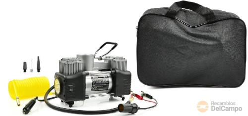 Minicompresor de aluminio 12 v. - 250 w. - 2 luz led - 150 psi/10,5 bar - 85 l/min. - con bolsa de transporte + 3 boquillas de inflado Minicompresor de aluminio 12 v. - 250 w. - 2 luz led - 150 psi/10,5 bar - 85 l/min. - con bolsa de transporte + 3 boquillas de inflado