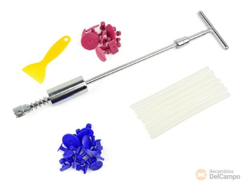 Blister de martillo de inercia deslizante para reparación de pequeñas abolladoras + 28 almohadillas de plástico + 7 barras de cola termofusible y rasqueta limpiadora Blister de martillo de inercia deslizante para reparación de pequeñas abolladoras + 28 almohadillas de plástico + 7 barras de cola termofusible y rasqueta limpiadora