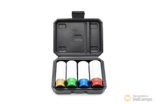 Estuche 4 vasos largos 1/2" de impacto de aluminio con protector plástico para llantas de aleación (17 - 19 - 21 - 22 mm.) Estuche 4 vasos largos 1/2" de impacto de aluminio con protector plástico para llantas de aleación (17 - 19 - 21 - 22 mm.)