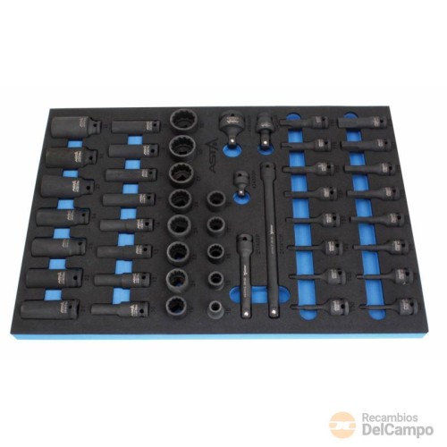 Bandeja 3/3 de polifoam con 49 vasos cortos y largos 1/2" bihex. + alargaderas y adaptadores + vasos con punta 1/2" de impacto torx y allen (dotación carro) Bandeja 3/3 de polifoam con 49 vasos cortos y largos 1/2" bihex. + alargaderas y adaptadores + vasos con punta 1/2" de impacto torx y allen (dotación carro)