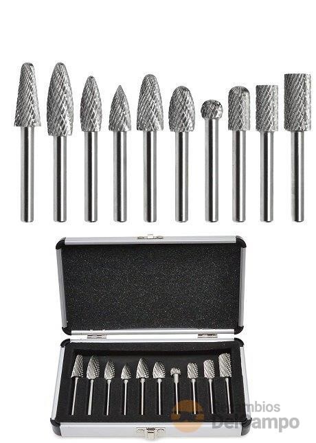Estuche con 10 fresas variadas de corte de acero-carburo-tungsteno, vastago 6 mm. Estuche con 10 fresas variadas de corte de acero-carburo-tungsteno, vastago 6 mm.