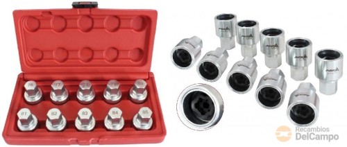 Estuche de 10 vasos hex.(19 mm) para sustitución de tornillos antirrobo de llantas tesla Estuche de 10 vasos hex.(19 mm) para sustitución de tornillos antirrobo de llantas tesla