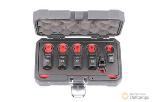 Estuche 6 vasos 1/2" con llave articulada corta de boca hex. abierta (tipo crowfoot), 12-14-16-17-18-19 mm Estuche 6 vasos 1/2" con llave articulada corta de boca hex. abierta (tipo crowfoot), 12-14-16-17-18-19 mm